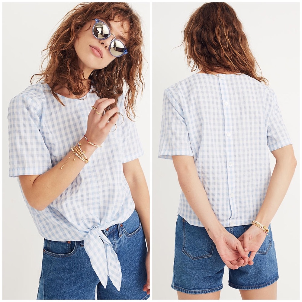 MADEWELL Gingham Check Button Back Front Tie Short Sleeve Blouse